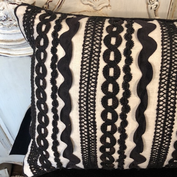 EDIE Inc. Unique Rick Rack Trimmed Black on White Feathered Filled Accent Pillow - Picture 2 of 6